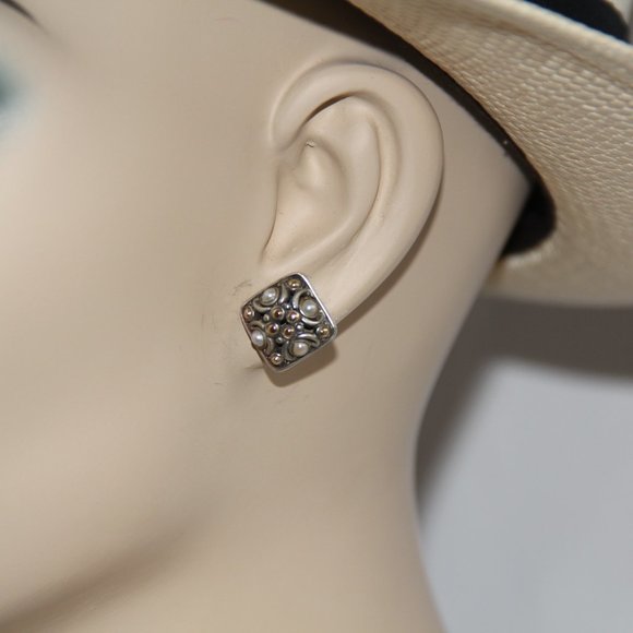 John Hardy Jaisalmer 18k Gold Sterling Silver Pearl Dot Square Earrings. RARE - Picture 8 of 12